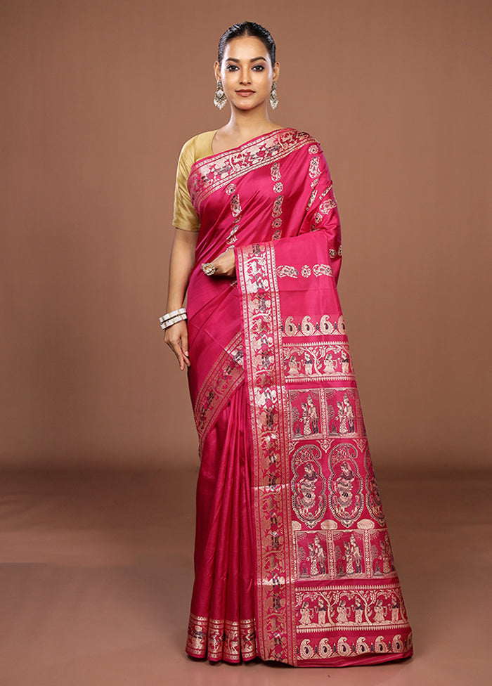Pink Handloom Baluchari Pure Silk Saree With Blouse Piece