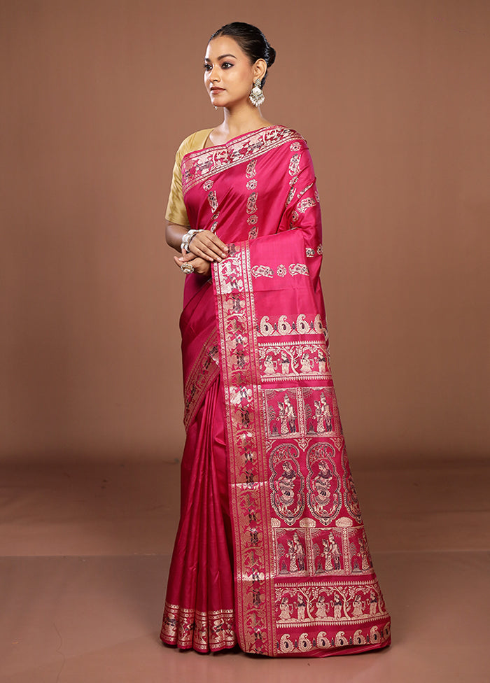 Pink Handloom Baluchari Pure Silk Saree With Blouse Piece