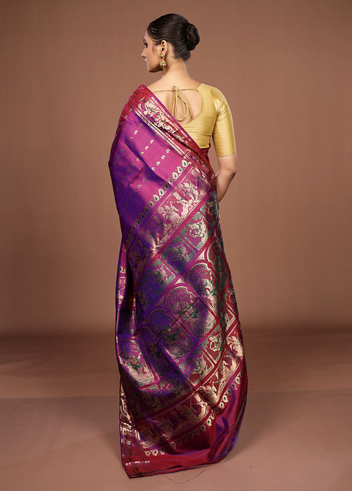 Purple Handloom Baluchari Pure Silk Saree With Blouse Piece