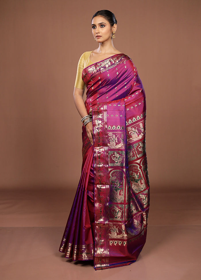 Purple Handloom Baluchari Pure Silk Saree With Blouse Piece