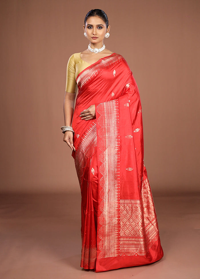 Red Handloom Katan Pure Silk Saree With Blouse Piece