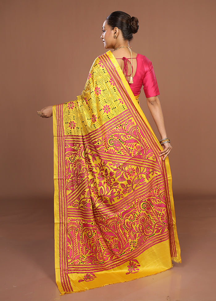 Yellow Kantha Stitch Silk Saree With Blouse Piece