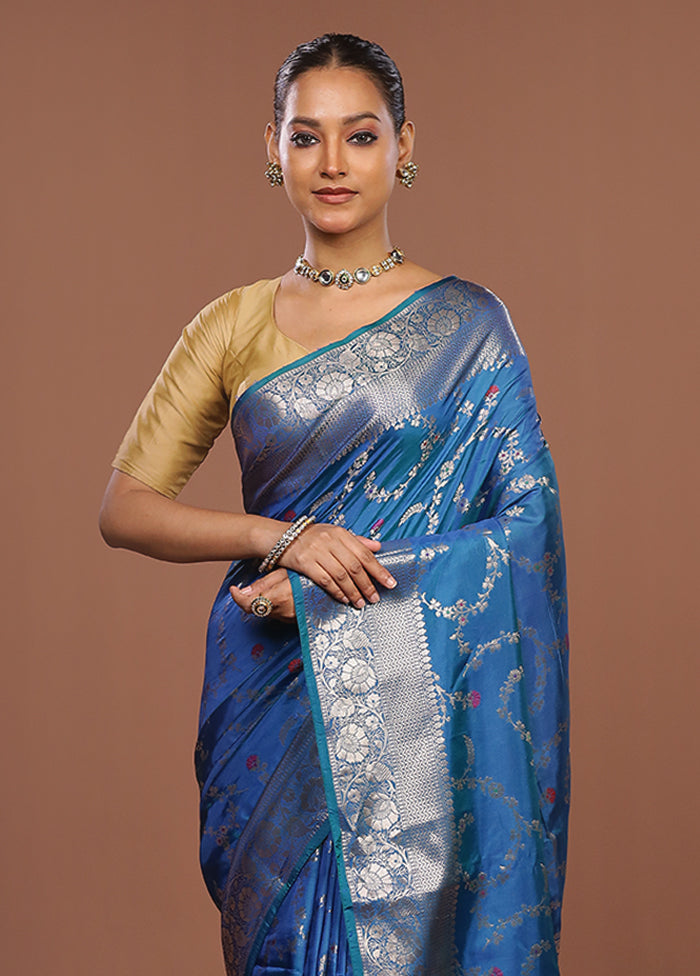 Blue Dupion Silk Saree With Blouse Piece