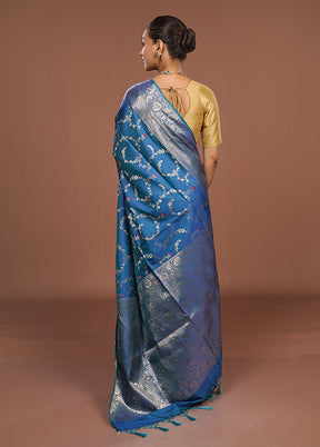 Blue Dupion Silk Saree With Blouse Piece