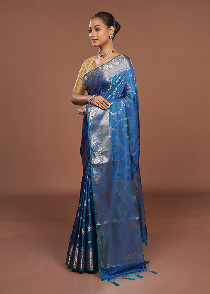 Blue Dupion Silk Saree With Blouse Piece