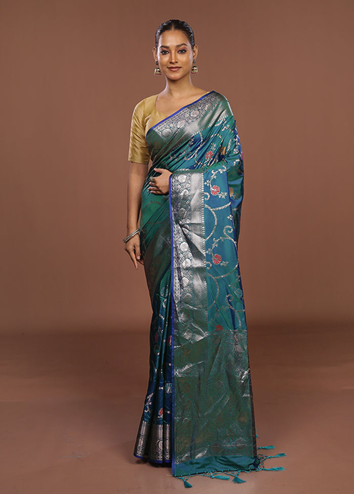 Blue Dupion Silk Saree With Blouse Piece
