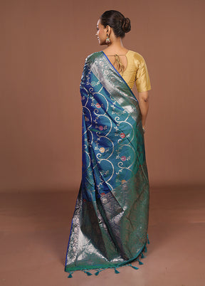 Blue Dupion Silk Saree With Blouse Piece