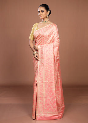 Pink Jamewar Silk Saree With Blouse Piece