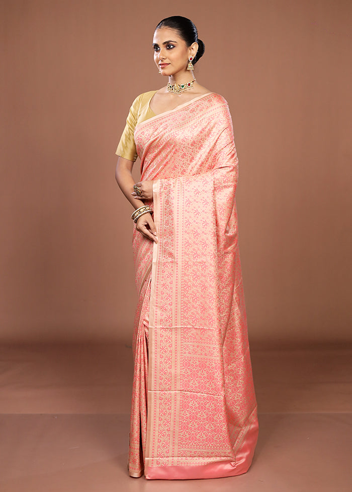 Pink Jamewar Silk Saree With Blouse Piece