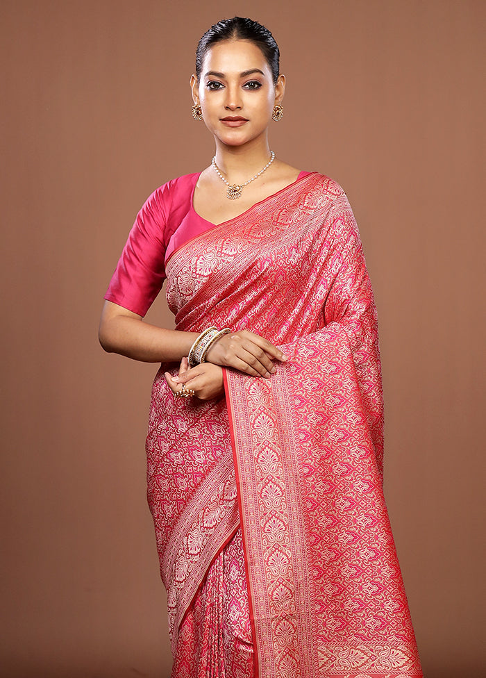 Pink Jamewar Silk Saree With Blouse Piece