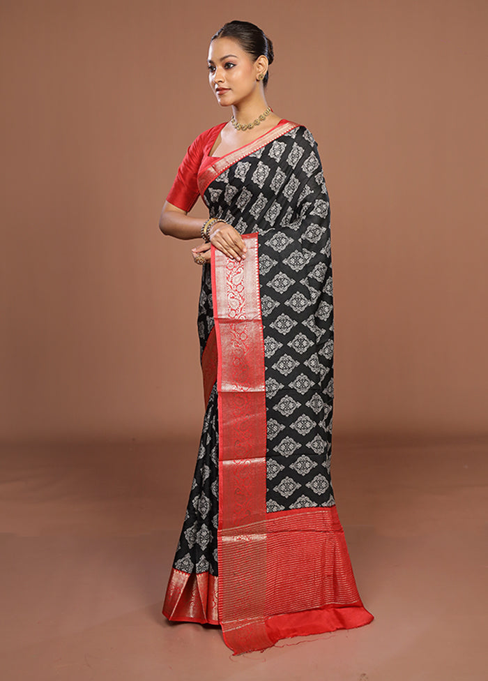 Black Chanderi Silk Saree With Blouse Piece