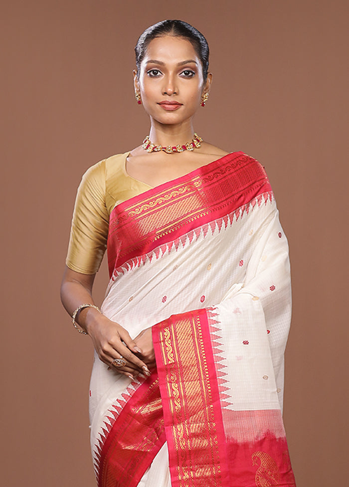 White Gadwal Pure Silk Saree Without Blouse Piece