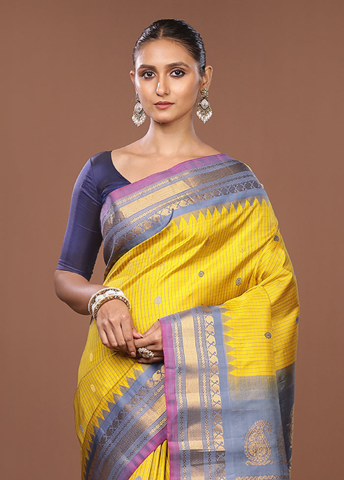Yellow Gadwal Pure Silk Saree Without Blouse Piece