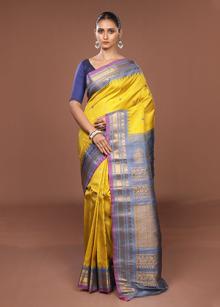 Yellow Gadwal Pure Silk Saree Without Blouse Piece