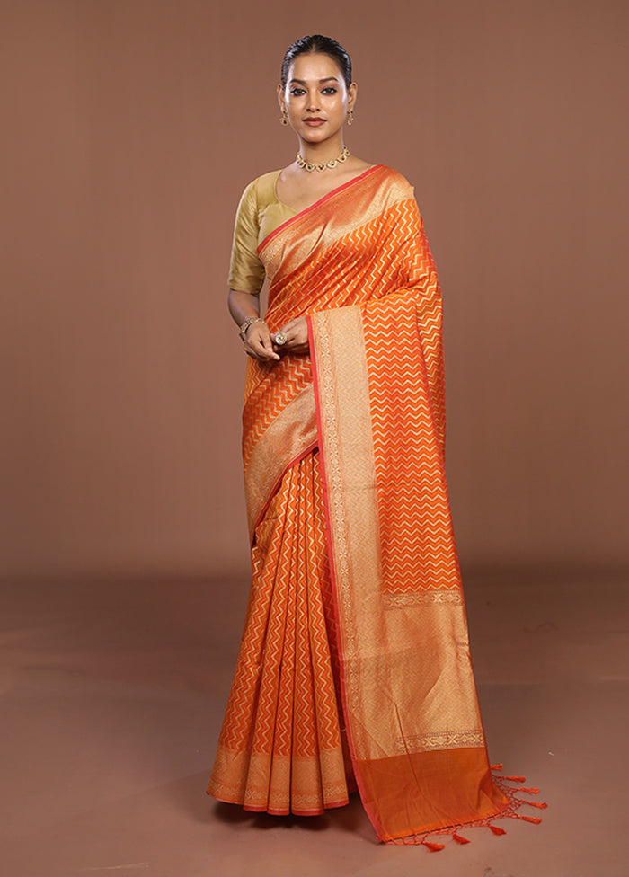 Orange Kora Silk Saree With Blouse Piece