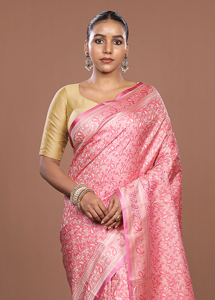 Pink Jamewar Silk Saree With Blouse Piece