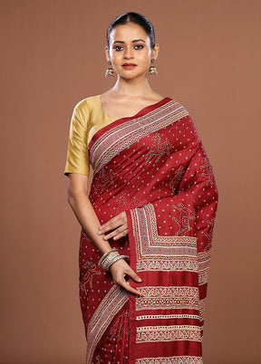Maroon Handloom Tussar Pure Silk Saree With Blouse Piece
