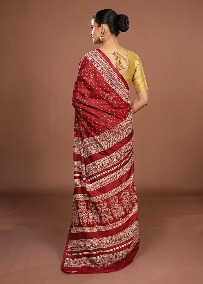 Maroon Handloom Tussar Pure Silk Saree With Blouse Piece