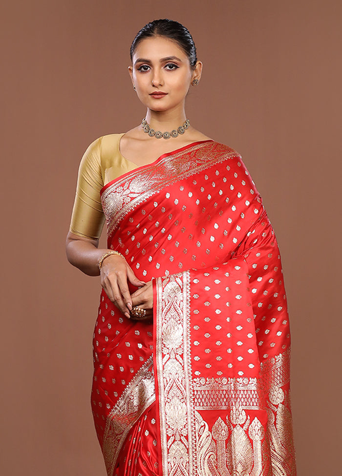 Red Banarasi Silk Saree With Blouse Piece