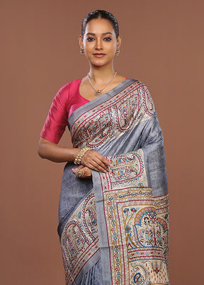 Blue Printed Pure Silk Saree Without Blouse Piece