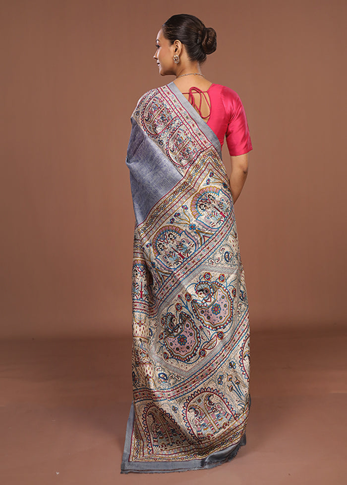 Blue Printed Pure Silk Saree Without Blouse Piece