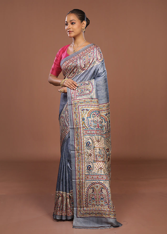 Blue Printed Pure Silk Saree Without Blouse Piece