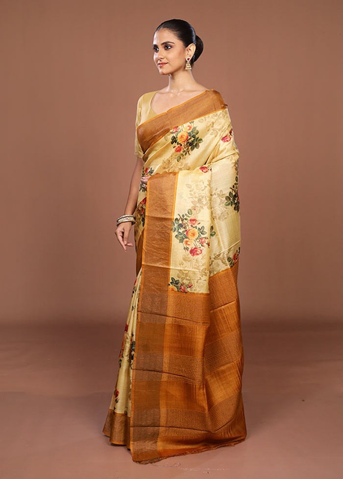 Cream Handloom Tussar Pure Silk Saree With Blouse Piece