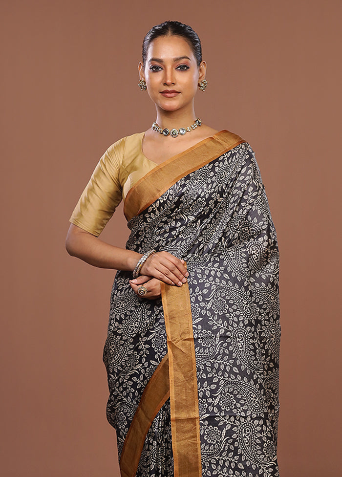Black Handloom Tussar Pure Silk Saree With Blouse Piece