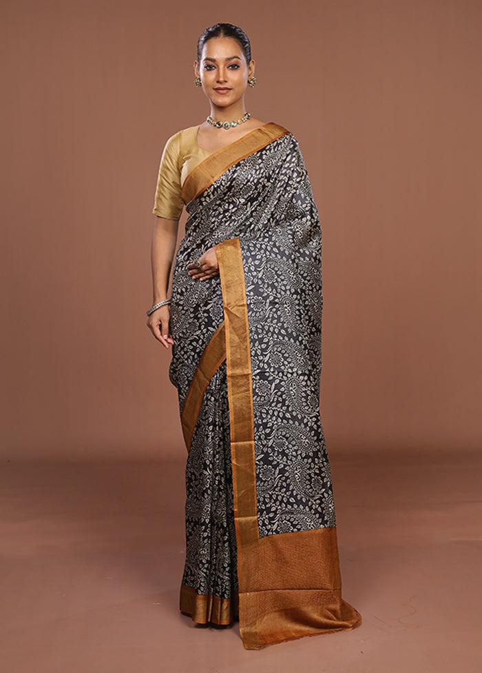 Black Handloom Tussar Pure Silk Saree With Blouse Piece