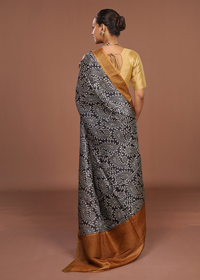 Black Handloom Tussar Pure Silk Saree With Blouse Piece