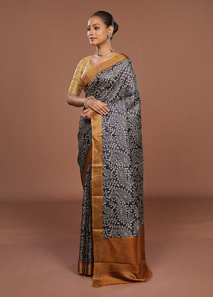 Black Handloom Tussar Pure Silk Saree With Blouse Piece