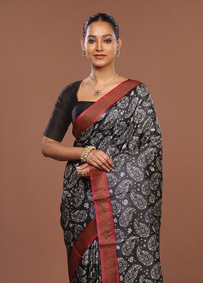 Black Handloom Tussar Pure Silk Saree With Blouse Piece