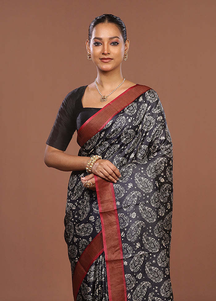 Black Handloom Tussar Pure Silk Saree With Blouse Piece