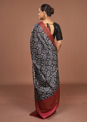 Black Handloom Tussar Pure Silk Saree With Blouse Piece