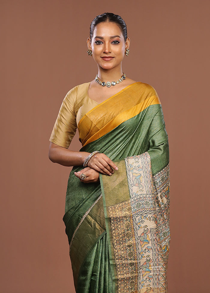 Green Handloom Tussar Pure Silk Saree With Blouse Piece
