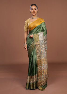 Green Handloom Tussar Pure Silk Saree With Blouse Piece