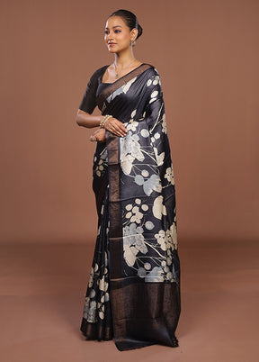 Black Handloom Tussar Pure Silk Saree With Blouse Piece