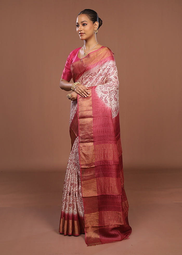 White Handloom Tussar Pure Silk Saree With Blouse Piece