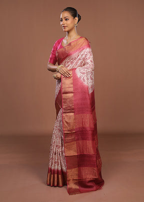 White Handloom Tussar Pure Silk Saree With Blouse Piece