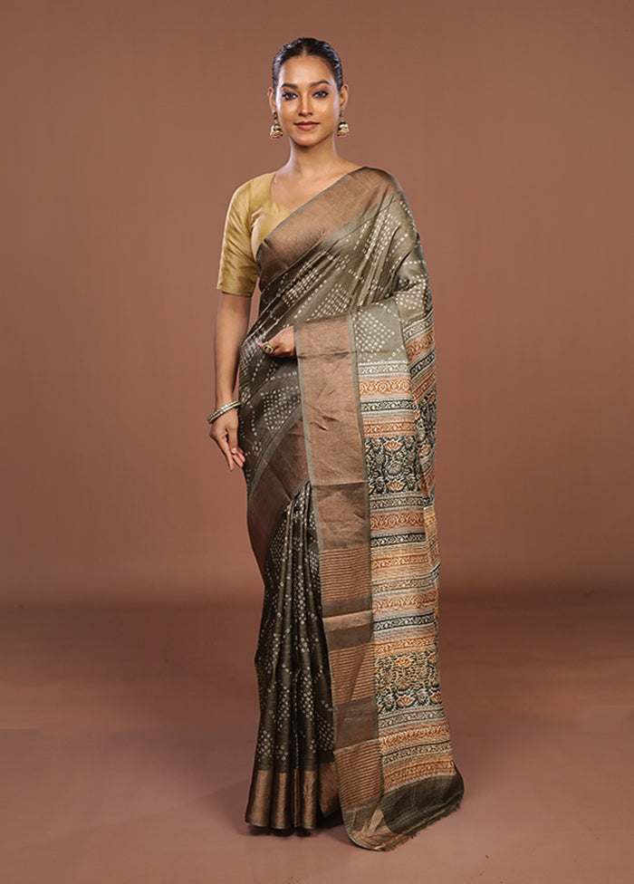 Green Handloom Tussar Pure Silk Saree With Blouse Piece