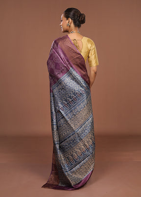 Purple Handloom Tussar Pure Silk Saree With Blouse Piece