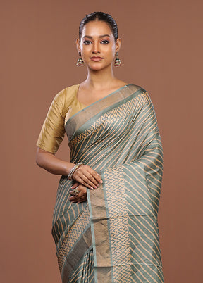 Green Handloom Tussar Pure Silk Saree With Blouse Piece