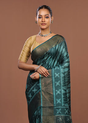 Green Handloom Tussar Pure Silk Saree With Blouse Piece