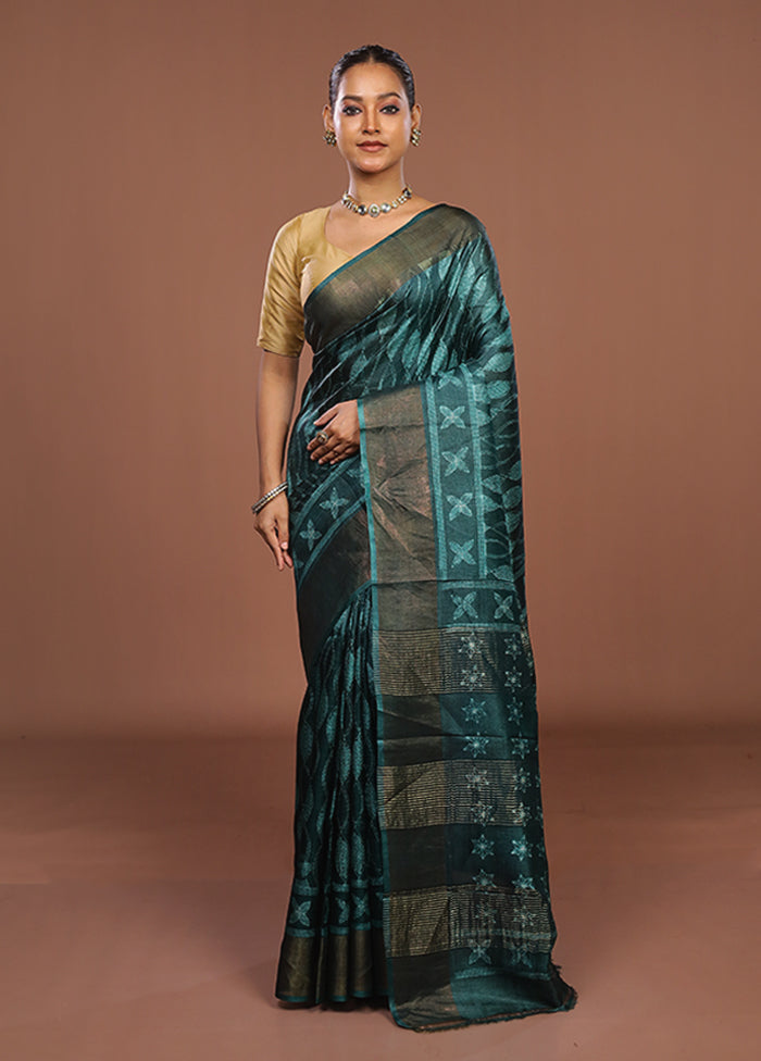 Green Handloom Tussar Pure Silk Saree With Blouse Piece
