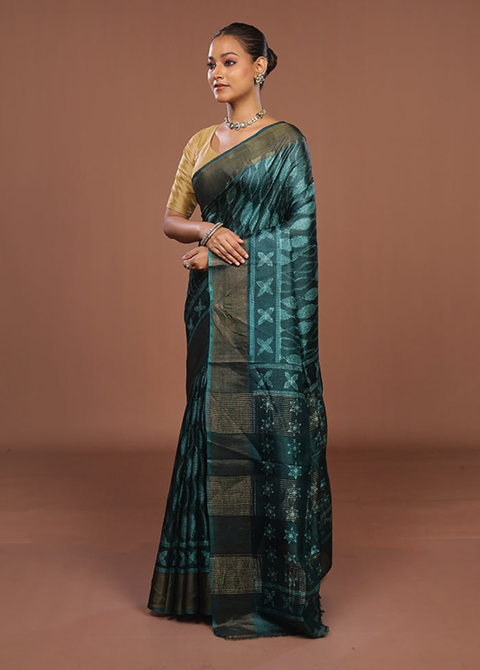 Green Handloom Tussar Pure Silk Saree With Blouse Piece