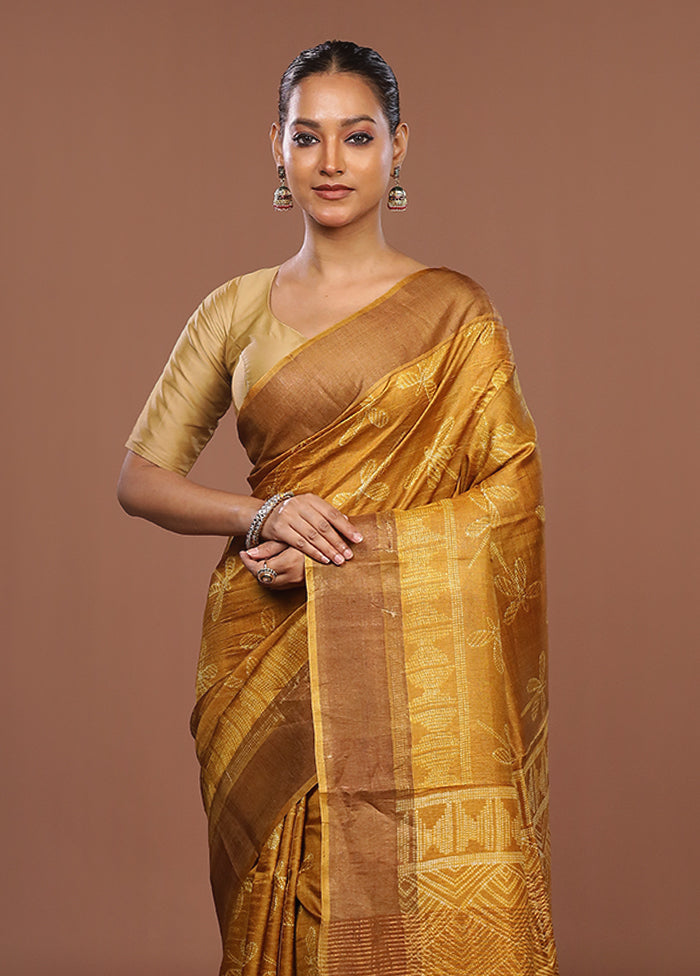 Yellow Handloom Tussar Pure Silk Saree With Blouse Piece