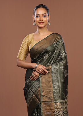 Green Handloom Tussar Pure Silk Saree With Blouse Piece