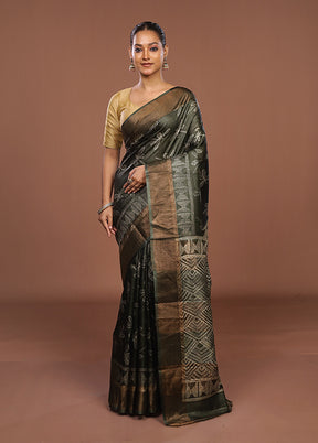 Green Handloom Tussar Pure Silk Saree With Blouse Piece