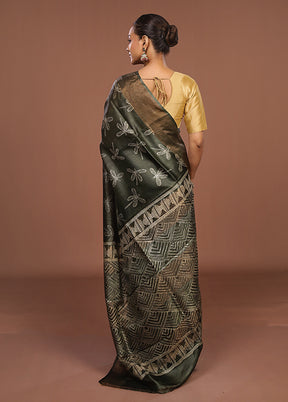 Green Handloom Tussar Pure Silk Saree With Blouse Piece