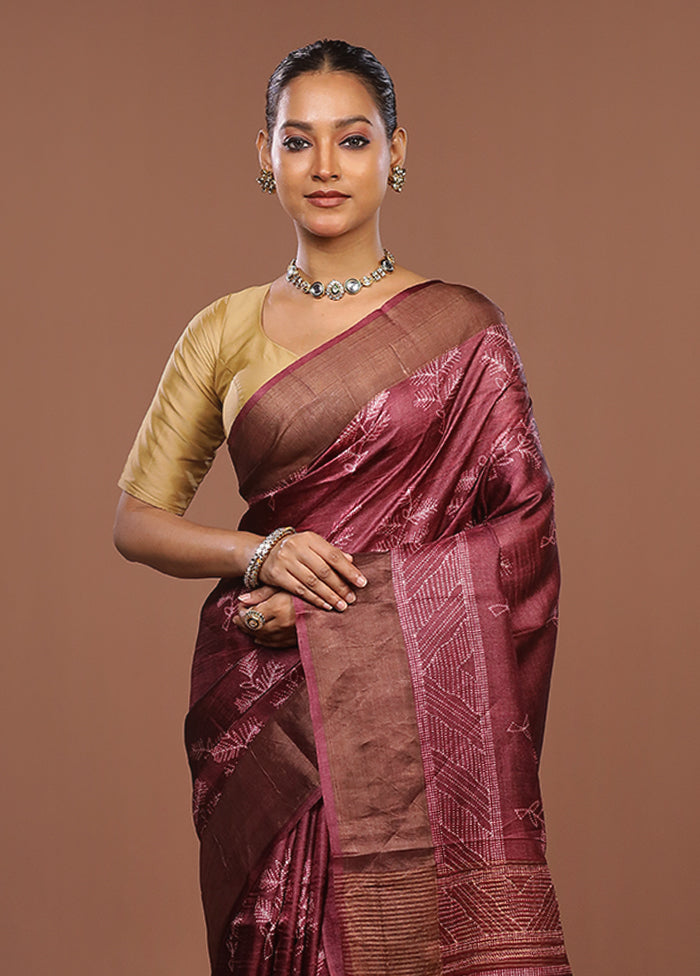 Purple Handloom Tussar Pure Silk Saree With Blouse Piece